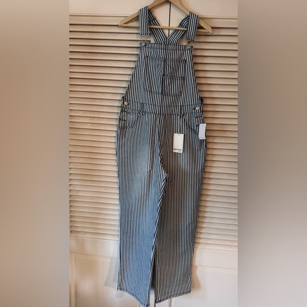 NWT KENSIE BLUE & WHITE TICKING STRIPE 100% COTTON OVERALLS SZ L ORIG $78